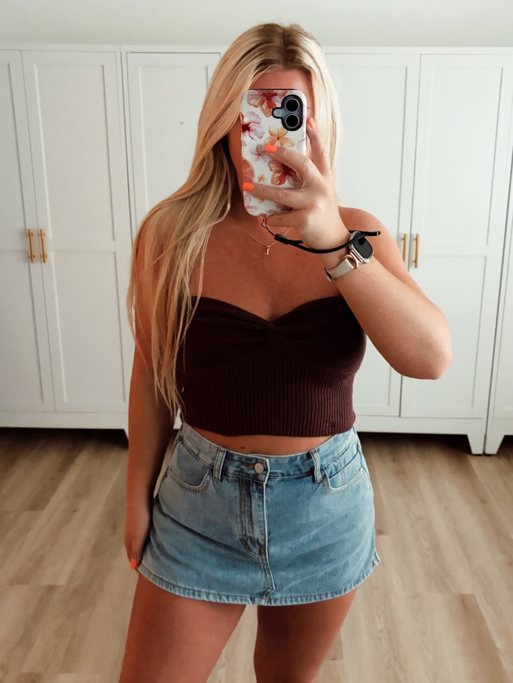 Brown Twist-Front Ribbed Strapless Crop Top